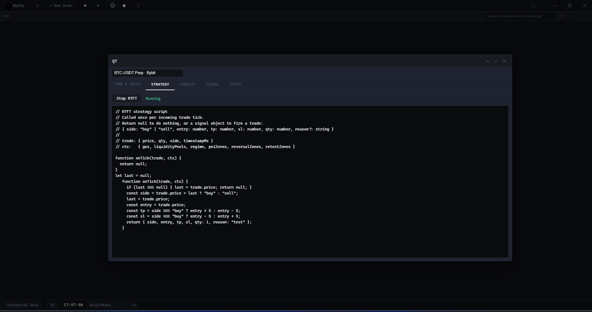 MAFIC QT strategy console running a TypeScript RTFT strategy script